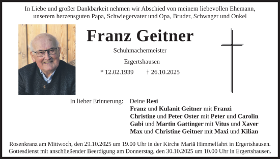Traueranzeige von Franz Geitner von merkurtz