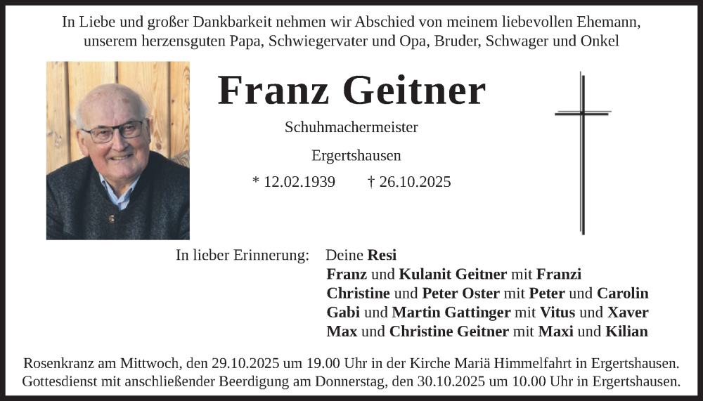  Traueranzeige für Franz Geitner vom 28.10.2025 aus merkurtz