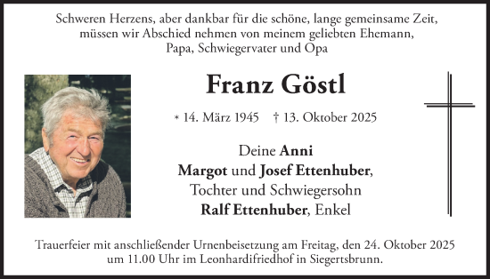 Traueranzeige von Franz Göstl von merkurtz