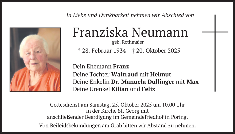  Traueranzeige für Franziska Neumann vom 23.10.2025 aus merkurtz