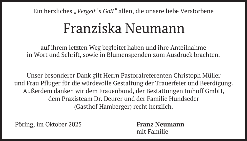  Traueranzeige für Franziska Neumann vom 31.10.2025 aus merkurtz