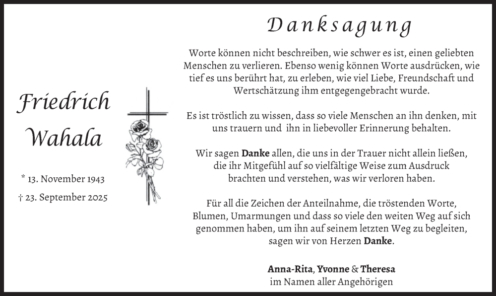  Traueranzeige für Friedrich Wahala vom 11.10.2025 aus merkurtz