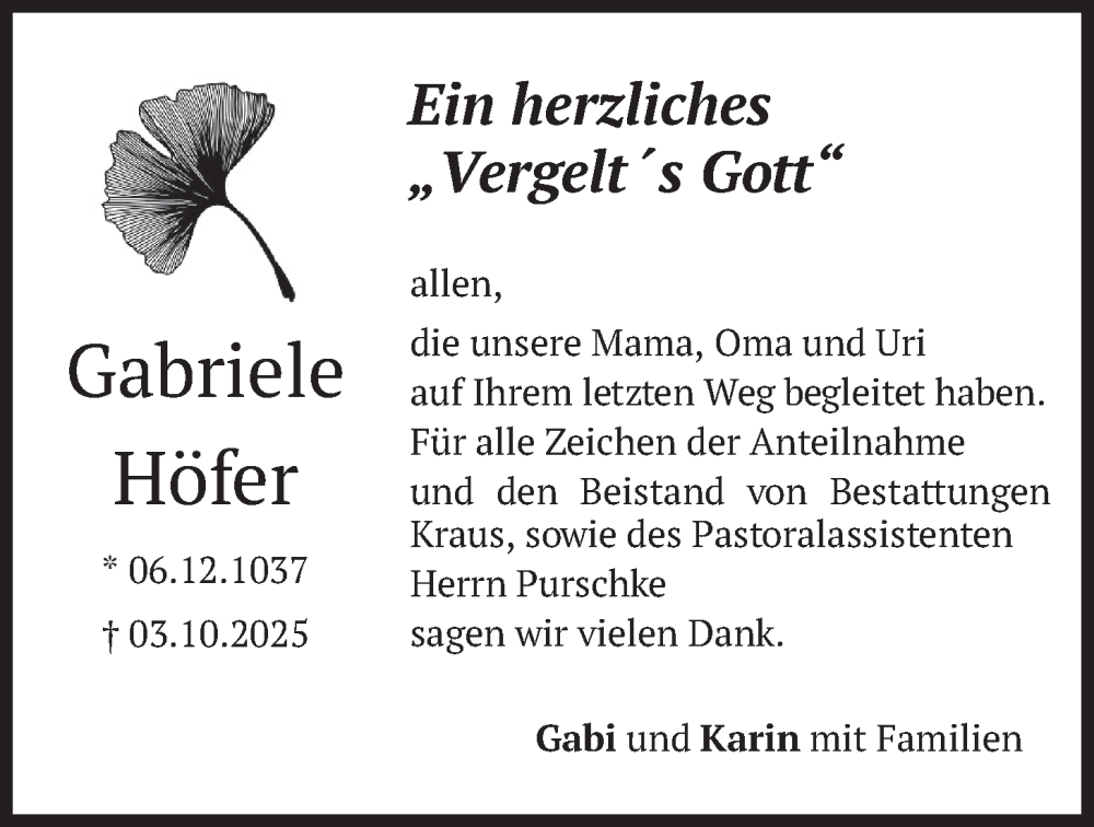  Traueranzeige für Gabriele Höfer vom 31.10.2025 aus merkurtz