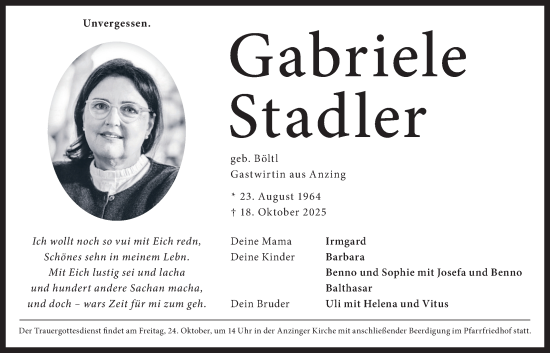 Traueranzeige von Gabriele Stadler von merkurtz