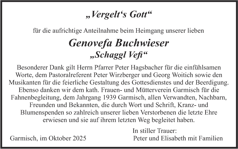  Traueranzeige für Genovefa Buchwieser vom 11.10.2025 aus merkurtz