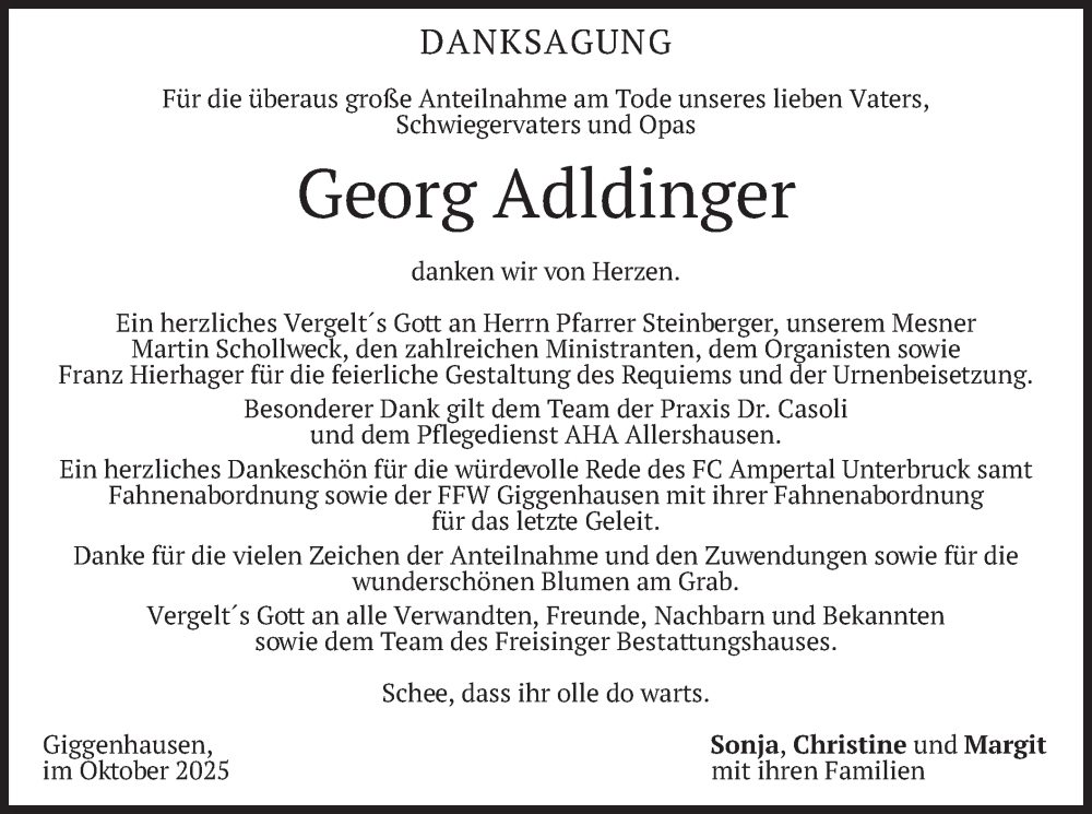  Traueranzeige für Georg Adldinger vom 11.10.2025 aus merkurtz