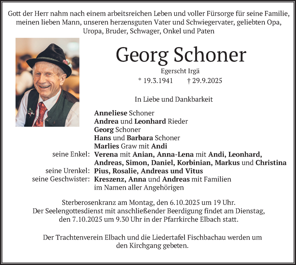  Traueranzeige für Georg Schoner vom 04.10.2025 aus merkurtz