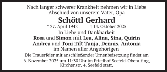 Traueranzeige von Gerhard Schöttl von merkurtz