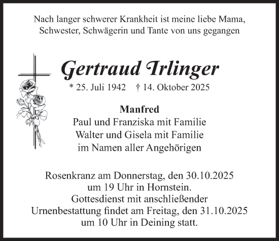 Traueranzeige von Gertraud Irlinger von merkurtz