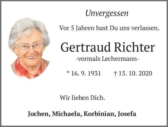 Traueranzeige von Gertraud Richter von merkurtz