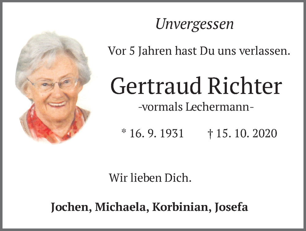  Traueranzeige für Gertraud Richter vom 15.10.2025 aus merkurtz