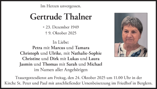 Traueranzeige von Gertrude Thalner von merkurtz
