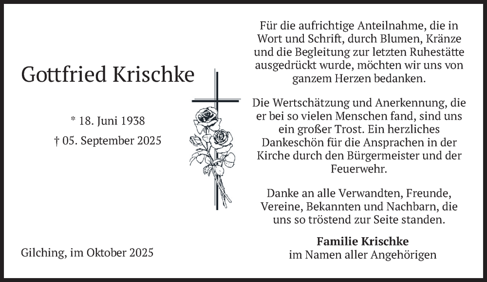  Traueranzeige für Gottfried Krischke vom 11.10.2025 aus merkurtz