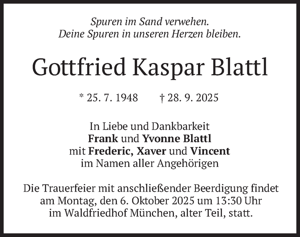  Traueranzeige für Gottfried Kaspar Blattl vom 04.10.2025 aus merkurtz