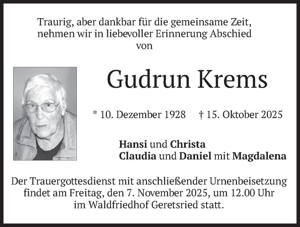  Traueranzeige für Gudrun Krems vom 31.10.2025 aus merkurtz