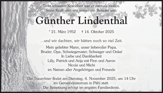 Traueranzeige von Günther Lindenthal von merkurtz