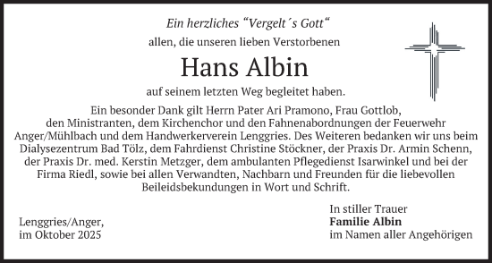 Traueranzeige von Hans Albin von merkurtz