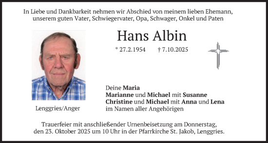 Traueranzeige von Hans Albin von merkurtz