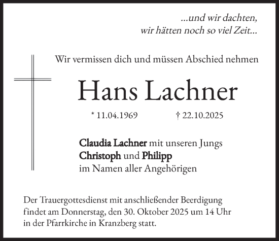 Traueranzeige von Hans Lachner von merkurtz