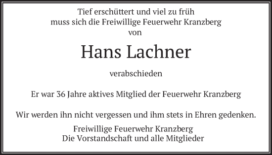 Traueranzeige von Hans Lachner von merkurtz