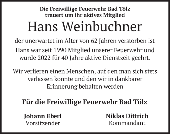 Traueranzeige von Hans Weinbuchner von merkurtz