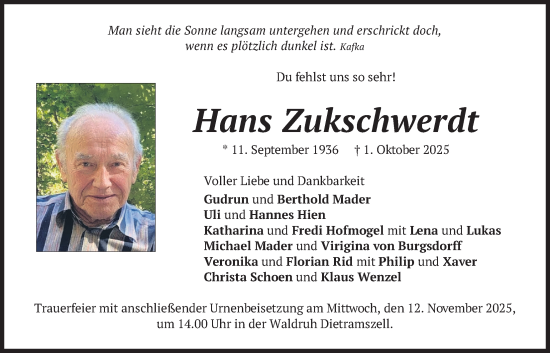 Traueranzeige von Hans Zukschwerdt von merkurtz