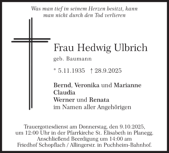 Traueranzeige von Hedwig Ulbrich von merkurtz