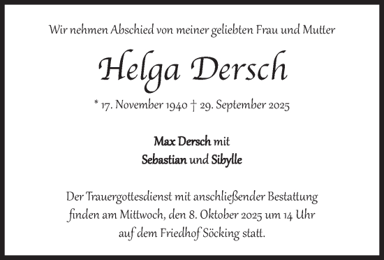 Traueranzeige von Helga Dersch von merkurtz