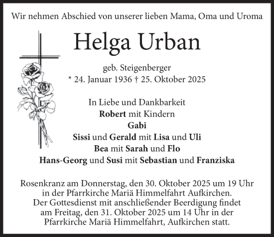 Traueranzeige von Helga Urban von merkurtz