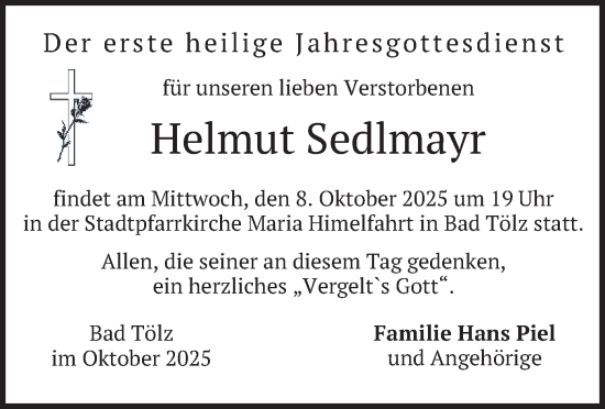 Traueranzeige von Helmut Sedlmayr von merkurtz