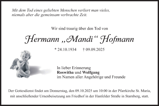 Traueranzeige von Hermann Hofmann von merkurtz