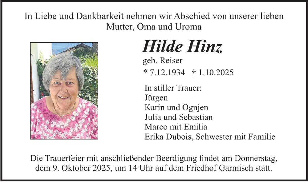  Traueranzeige für Hilde Hinz vom 07.10.2025 aus merkurtz