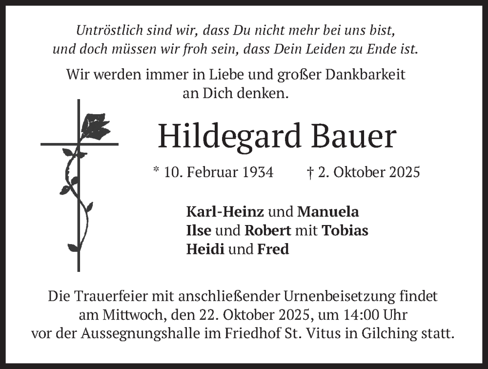  Traueranzeige für Hildegard Bauer vom 18.10.2025 aus merkurtz
