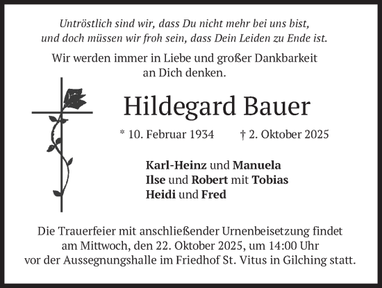 Traueranzeige von Hildegard Bauer von merkurtz