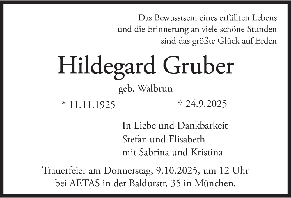  Traueranzeige für Hildegard Gruber vom 04.10.2025 aus merkurtz