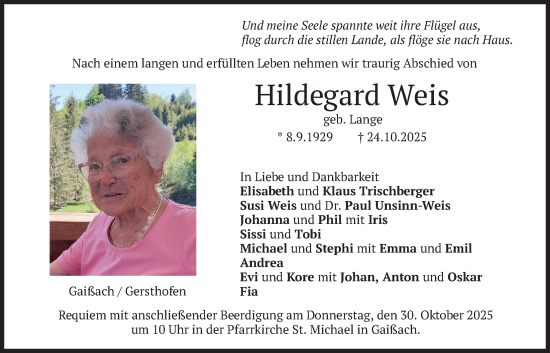 Traueranzeige von Hildegard WEis von merkurtz