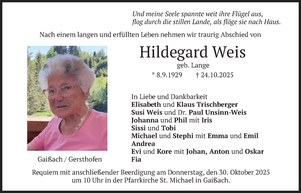  Traueranzeige für Hildegard WEis vom 28.10.2025 aus merkurtz