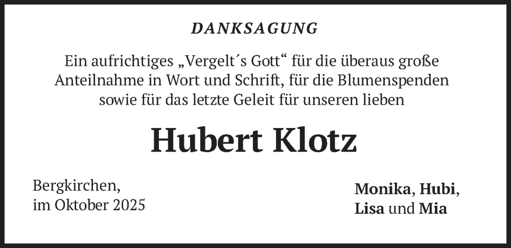  Traueranzeige für Hubert Klotz vom 25.10.2025 aus merkurtz