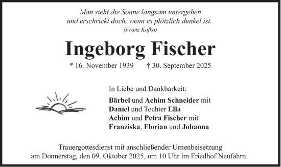 Traueranzeige von Ingeborg Fischer von merkurtz