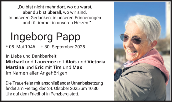 Traueranzeige von Ingeborg Papp von merkurtz