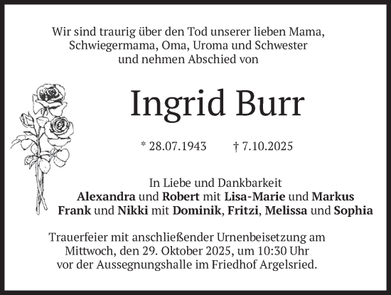 Traueranzeige von Ingrid Burr von merkurtz