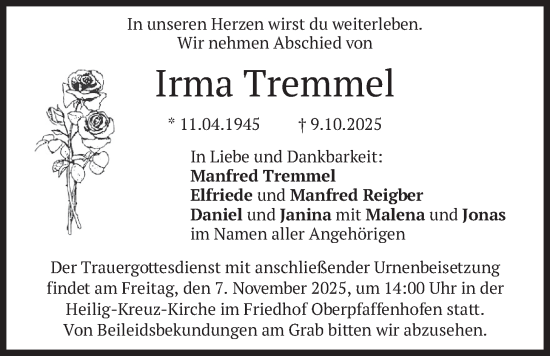 Traueranzeige von Irma Tremmel von merkurtz