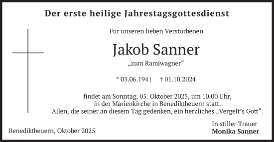 Traueranzeige von Jakob Sanner von merkurtz