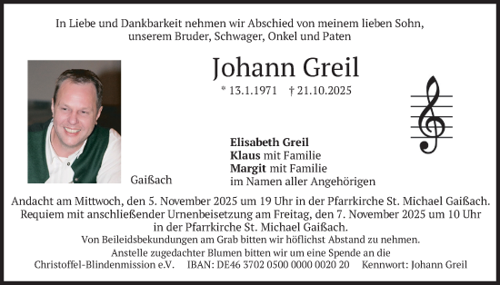 Traueranzeige von Johann Greil von merkurtz