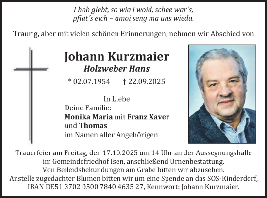 Traueranzeige von Johann Kurzmaier von merkurtz