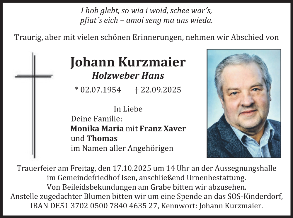  Traueranzeige für Johann Kurzmaier vom 13.10.2025 aus merkurtz
