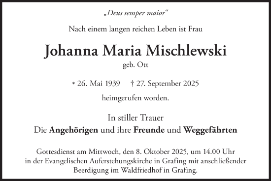 Traueranzeige von Johanna Maria Mischlewski von merkurtz