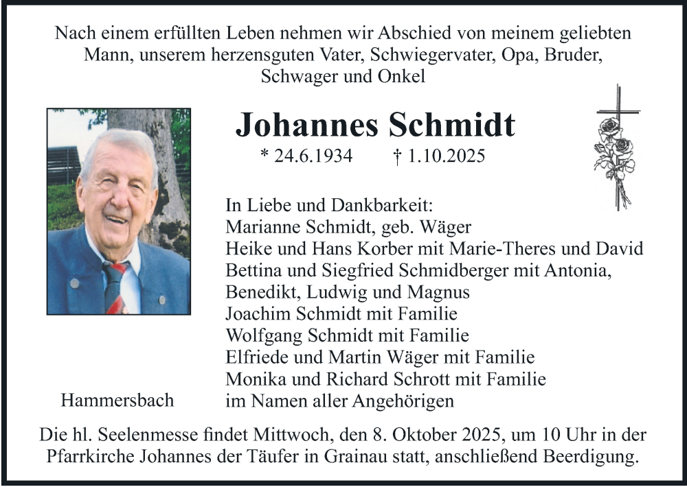  Traueranzeige für Johannes Schmidt vom 04.10.2025 aus merkurtz