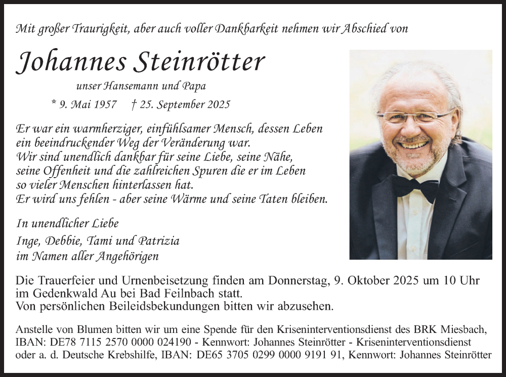  Traueranzeige für Johannes Steinrötter vom 04.10.2025 aus merkurtz