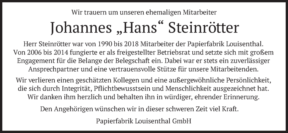  Traueranzeige für Johannes Steinrötter vom 07.10.2025 aus merkurtz